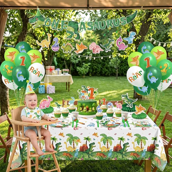210 Pcs 1st Dinosaur Birthday Party Decorations Serves 24 ，First Rex Theme Dino Roar Party Supplies with Banner Hanging Plates Napkins Cups Forks Knives Tablecloth Topper Balloons for Boy Party