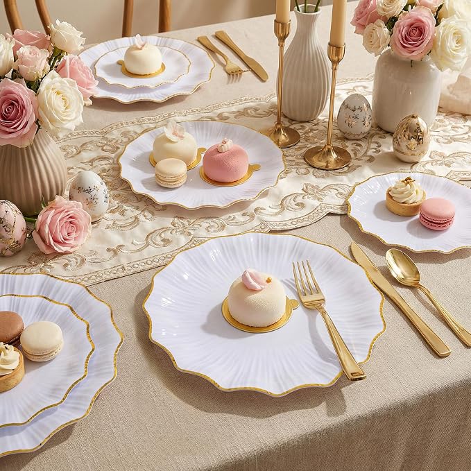 U-QE 175PCS Gold Plastic Plates - Disposable Dinnerware Set for 50 Guests - White and Gold Plates and Napkins Party Supplies include 50 Plates, 25 Per Rolled Napkins with Gold Cutlery, 25 Cups