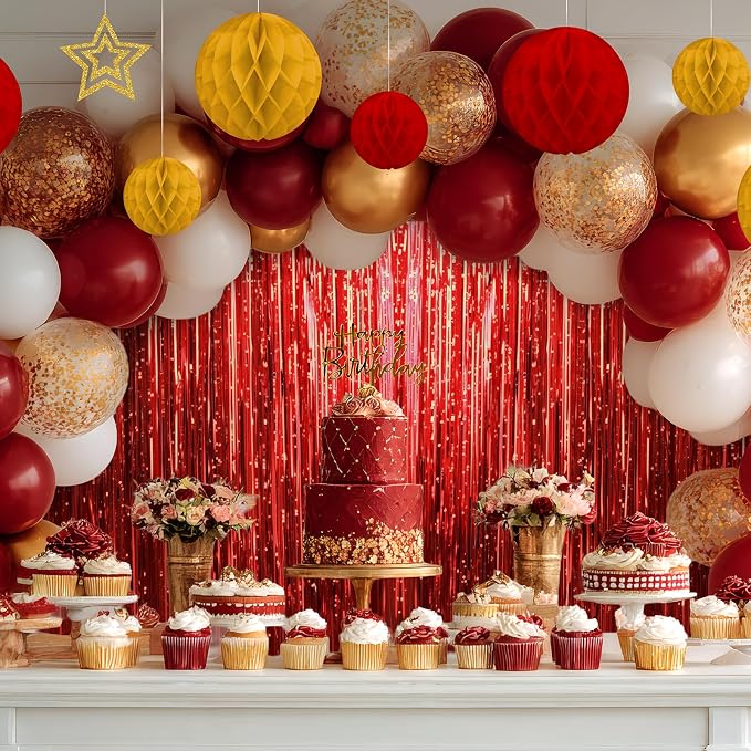 Red and Gold Birthday Party Decorations Set - Happy Birthday Banner Balloons Foil Curtains Hanging Swirls for Men Women Birthday Party Supplies