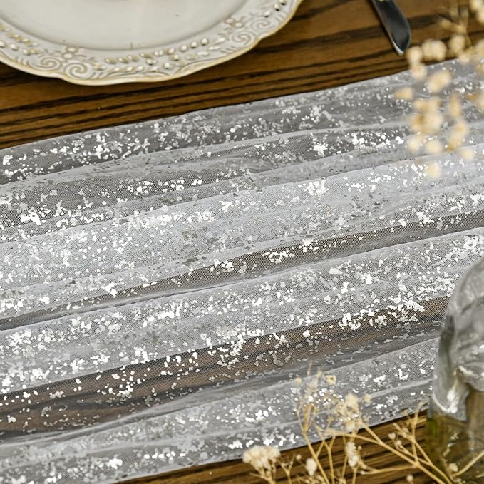 Artoid Mode White Silver Gauze Table Runner 120 Inch 10FT, Glitter Metallic Foil Sheer Dining Holiday Wedding Anniversary Birthday Table Decor for Home Party