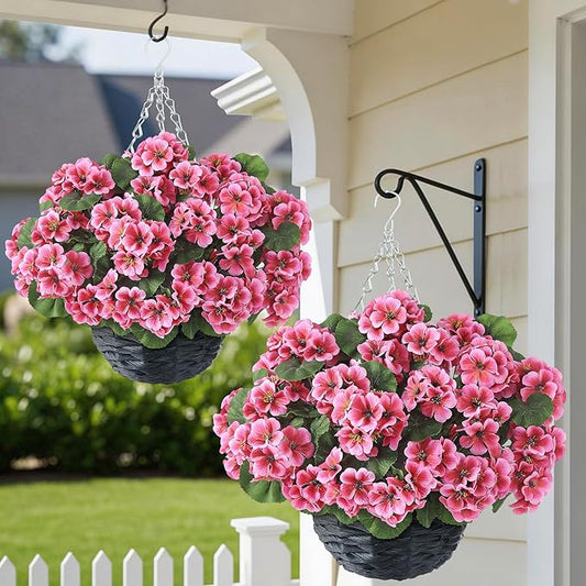 GLIDLION 2 Set Artificial Geraniums Flowers with Hanging Baskets for Outdoors - Sun Resistant Silk with Geranium Flowers, Fake Hanging Planters for Front Porch Garden Patio Home Decor (Peach Pink)