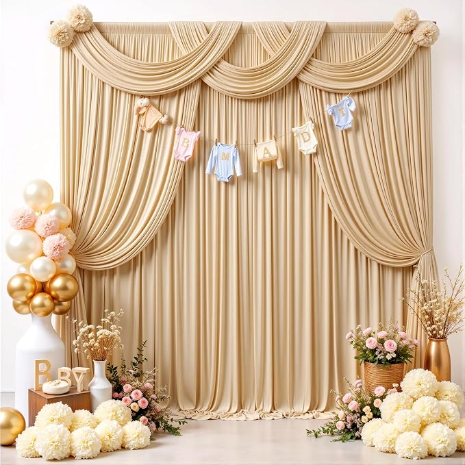 30ft×12ft Champagne Backdrop Curtain for Wedding Parties, 6 Panels Wrinkle Free Polyester Photo Backdrop Drapes Back Drop Cloth for Birthday Photography Background