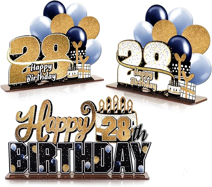 LINGTEER Happy 28th Birthday Gold Acrylic Table Topper Centerpieces Set - Cheers to 28 Years Old Birthday 28th Bday Party Gift Decorations.