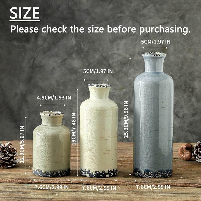 Ceramic Vase Set of 3, Neutral Flower Vases Home Decor, Pottery Rustic Farmhouse Decorative Vases Modern Decor for Table Mantel Entryway Bookshelf Living Room Kitchen Bedroom - Ocean