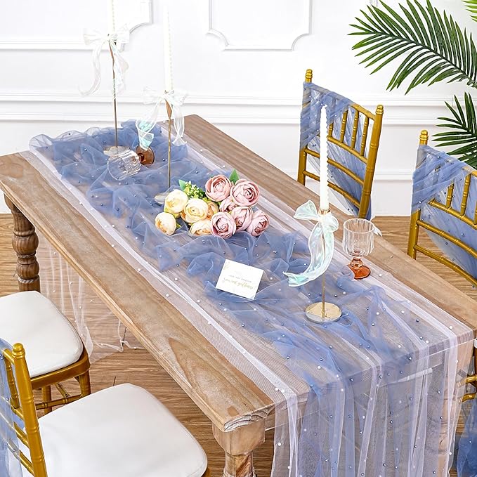 Tulle Table Runner Wedding Decorations: 10ft Veil Dusty Blue Dessert Table Fabric 12pcs Chiffon Pearl Lace Boho Glitter Table Overlay Desk Runners Diamonds Party Decorations Doilies