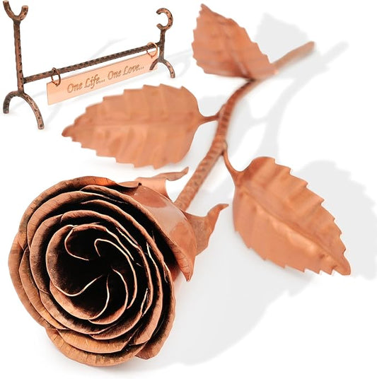 Personalized Copper Rose with Stand - Custom Engraved for 7th or 22nd Wedding - Handmade Solid Copper Flower - Unique Gift for Her or Him