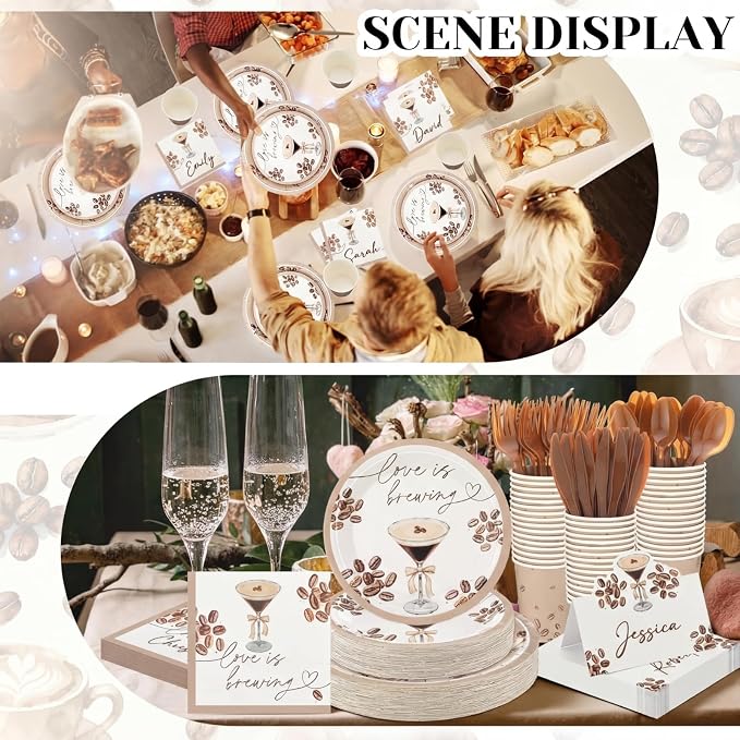 Shellwei 410 Pcs Love Is Brewing Coffee Bridal Shower Party Tableware Set Love Is Brewing Plates Napkins Cups Cutlery for Coffee Lovers Bachelorette Party Decorations Supplies for 50 Guests