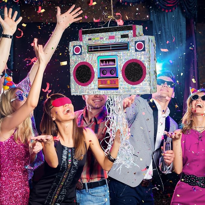 WERNNSAI Music Player Piñata - 80s and 90s Theme Party Decorations Piñata Bundle with Blindfold and Bat Music Piñata for Adults Kids Birthday Hip Hop Theme Party(12.5" x 16.5" x 3")