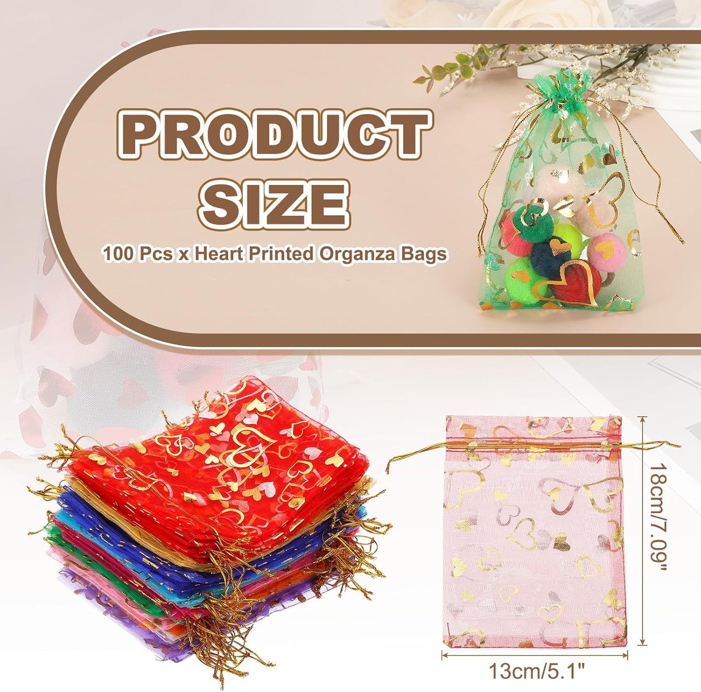 PATIKIL 100 Pcs 5x7 Inch Heart Printed Organza Bags, 10 Color Sheer Heart Organza Bags with Drawstring for Christmas Candy Jewelry Party Wedding Favor Gift