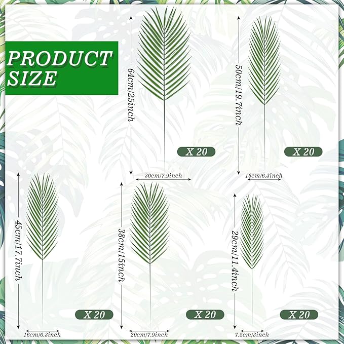 Jexine 100 Pcs Easter Palm Leaves for Palm Sunday Artificial Fake Branches Tree Stems Large Faux Greenery Plants Fronds for Church Holy Week Hawaiian Jungle Wedding Party Decoration (5 Assorted Sizes)