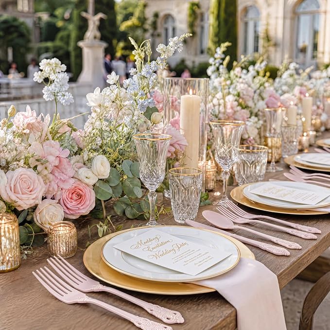 WDF 120 Pieces Heavy Duty Pink Plastic Cutlery Set - Disposable Utensils - Disposable Flatware Includes 40 Forks, 40 Spoons, 40 Knives for Party Baby Shower Wedding Spring