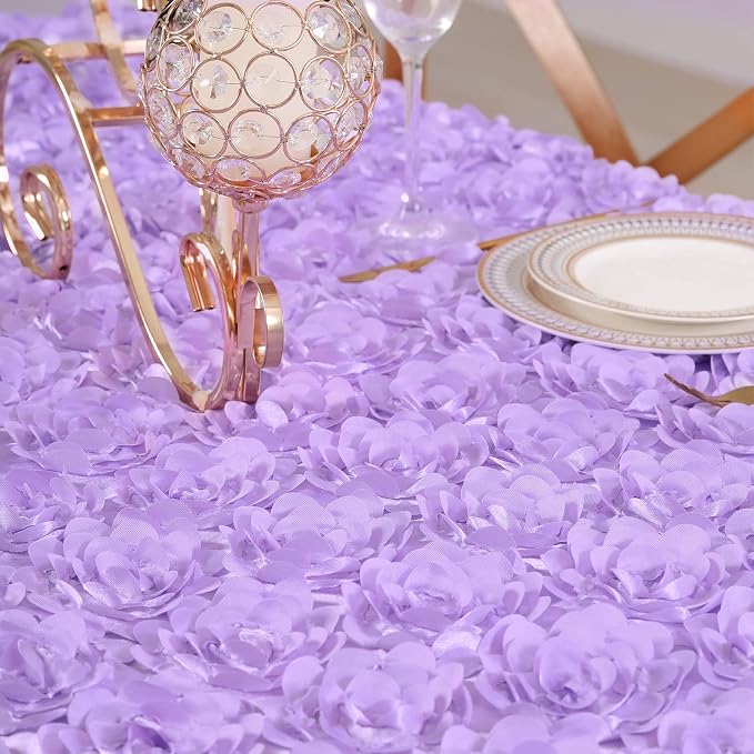 Fanqisi 3D Floral Satin Tablecloth Rectangular Lavender Table Cover 90x156 Inches Rosette Table Cloth for Birthday Party Decorations