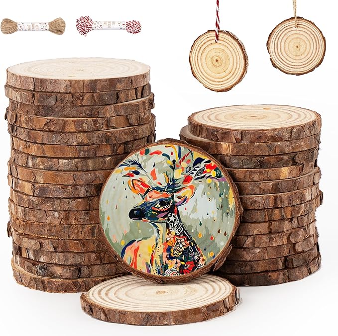 ilauke Wood Slices, 30 Pcs 2.4"-2.8" Natural Wood Rounds with Predrilled Hole, Wooden Circles with Bark, Unfinished Wood Kit for Paint DIY Ornaments Christmas Crafts Arts Wedding Decorations