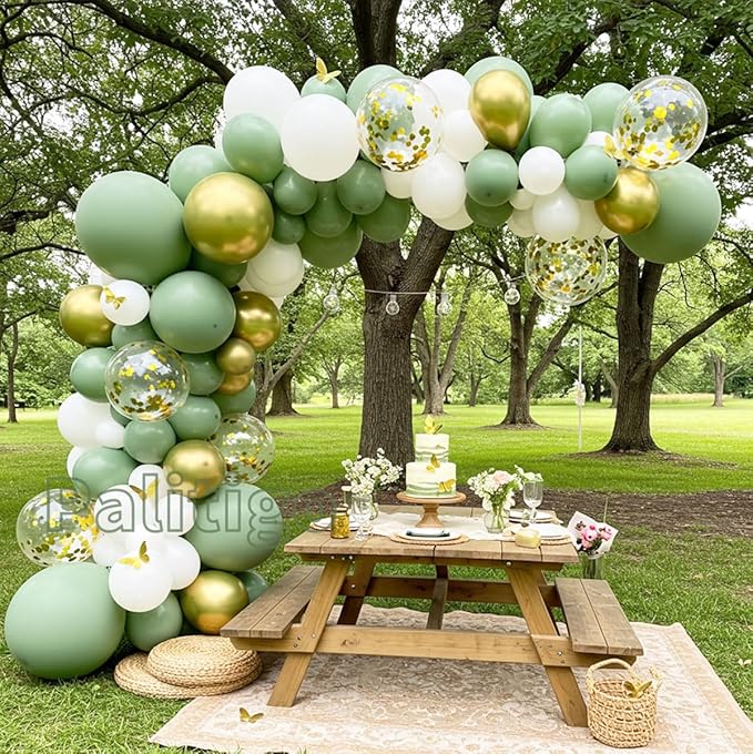 Green Balloon Garland Kit with Sage and Olive Balloons - 112pcs Sage Green Balloons with Gold Butterfly for Weddings, Baby Showers, Birthdays, and Jungle/Tropical Theme Decorations