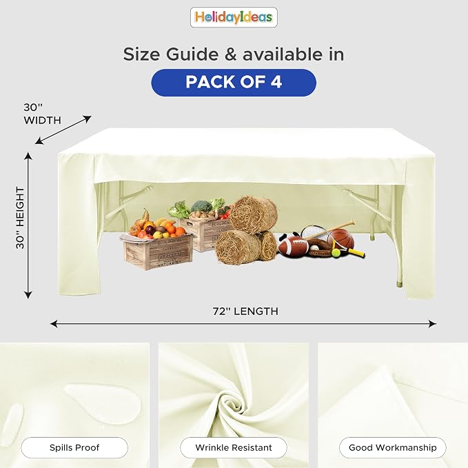 HolidayIdeas 4-Pack 6ft Open Back Fitted Tablecloths for Craft Shows Beige | 3-Sided coverage wrinkle resistant tablecloths for vendor booths,banquet events,outdoor pop-up shop