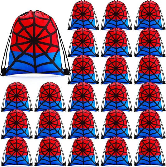 Abbylike 24 Pcs Spider Party Favor Bags Birthday Gift Candy Goodies Treat Drawstring Backpacks for Web Cartoon Party Room Decoration Prizes, Red Blue