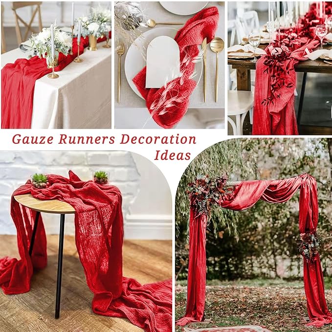12 Pack 10Ft Red Cheesecloth Table Runner 35 x 120 inch Boho Gauze Cheese Cloth Table Runner Vintage Rustic Sheer Runners for Wedding Bridal Shower Birthday Party Cake Table Decorations