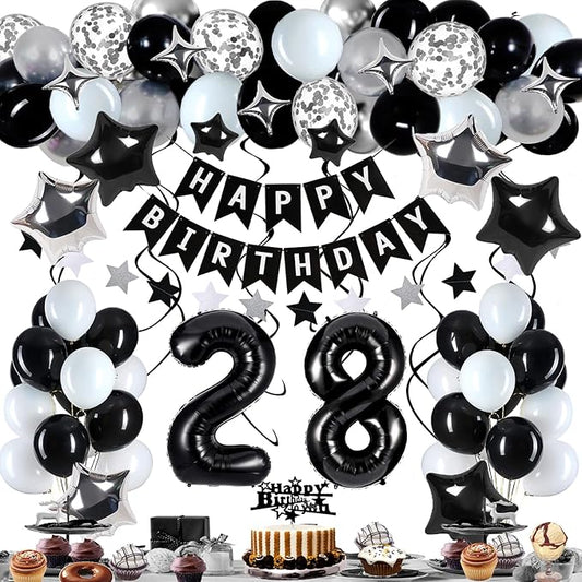 28th Birthday Decorations for Men Women, Black White and Silver Happy 28 Party Decor Set with 28 Number Foil Balloons, Banner, Cake Topper for Him Her