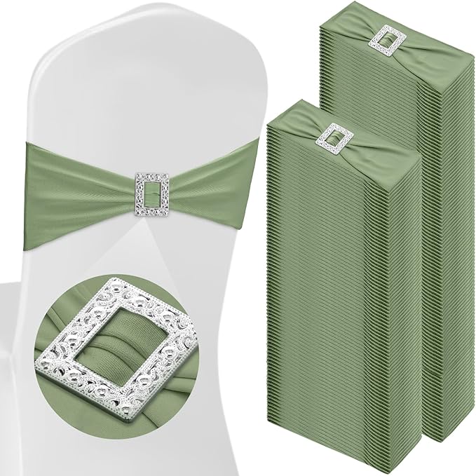 VitalCozy 150 Pcs Spandex Chair Sashes with Square Buckle Slider Stretch Chair Cover Band Universal Elastic Ties Straps Bows for Wedding Banquet Event Party Decoration(Sage Green)