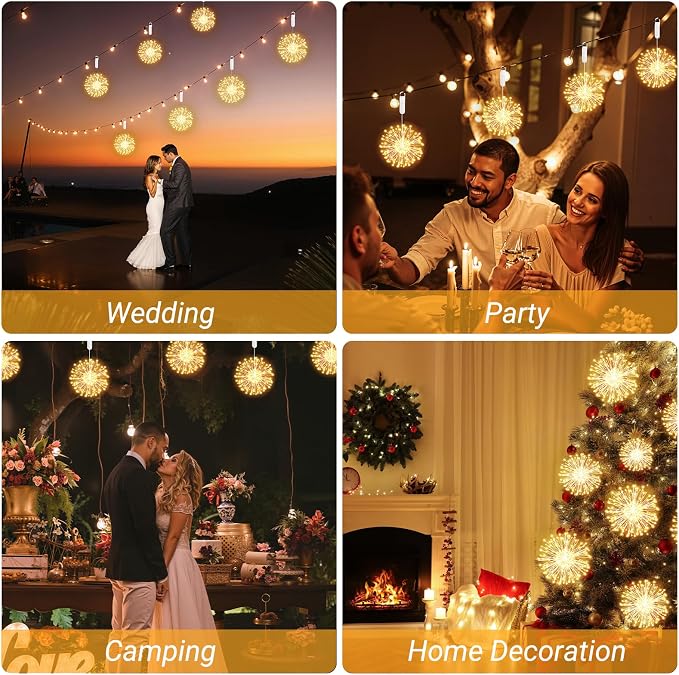 4 Pcs Hanging Firework Lights: Twinkle Fairy String Lights with Remote, 480 LED 8 Modes Dimmable, Indoor Outdoor Battery Operated Starburst Light for Garden, Patio, Party Xmas Decor