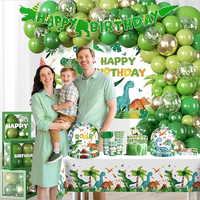 268Pcs Dinosaur Birthday Party Decorations, All-in-One Dinosaur Party Decorations Set for 25 Guests with Balloon Garland Arch, Plates, Tablecloth, Cake Topper, Backdrop, Napkins, Glitter Banner