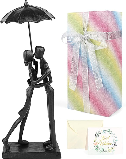 Kresecioo Anniversary for Couple/Her, Affectionate Couple Statue Kissing Under Umbrella, Handcrafted Cast Iron Sculpture in Love, for Wedding Gifts 6th Anniversary Birthday Gifts
