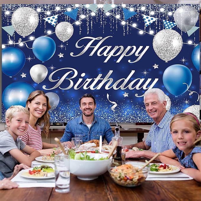 Happy Birthday Backdrop for Men Boys Navy Blue and Silver Birthday Banner Decorations for Women Girls Party Background Supplies Glitter Indoor Outdoor Photo Booth Props Polyester Fabric 7x5ft
