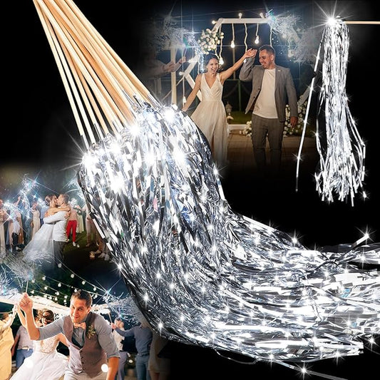 Simgoing 100 Pcs Lighted Wands LED Tinsel Wands Light up Wedding Streamers for Send off and Exits Baby Shower Birthday Party Favors (Silver)