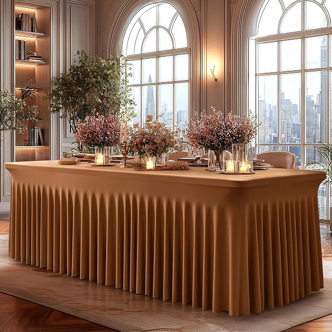Shillance 2 Packs Brown Spandex Tableclothes for 8 Foot Rectangle Table, Spandex Table Covers 8FT Stretch Table Skirts Wrinkle Free Fitted Table Cloth for Event, Wedding, Banquet & Parties