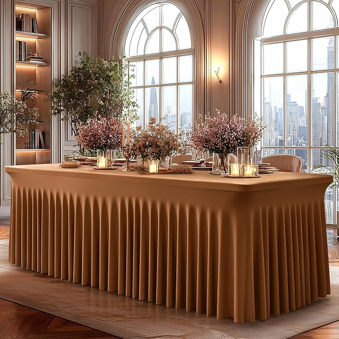 Shillance 2 Packs Brown Spandex Tableclothes for 6 Foot Rectangle Table, Spandex Table Covers 6FT Stretch Table Skirts Wrinkle Free Fitted Table Cloth for Event, Wedding, Banquet & Parties