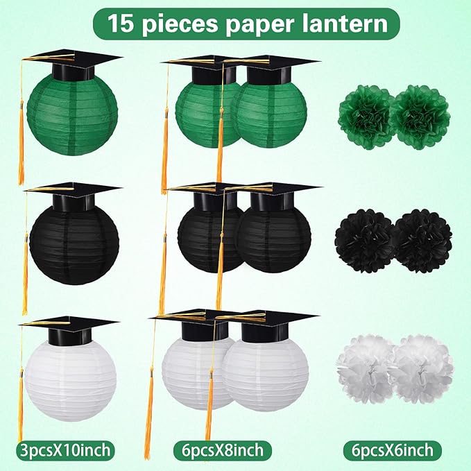 Gilprop 15 Pcs Black and Green Graduation Decoration 2026 Paper Lanterns Graduation Party Decorations Hanging Round Paper Lanterns with Black Grad Hat Tassel for Congratulation Grad Decorations