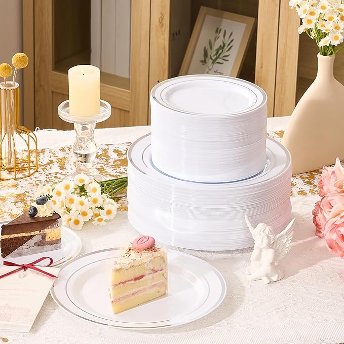 Fijinhom 100PCS Silver Plastic Plates, Disposable Plates with 50PCS 10" Dinner Plates & 50PCS 7" Dessert Plates for 50 Guests, Plastic Party Plates for Wedding, Birthday, Silver