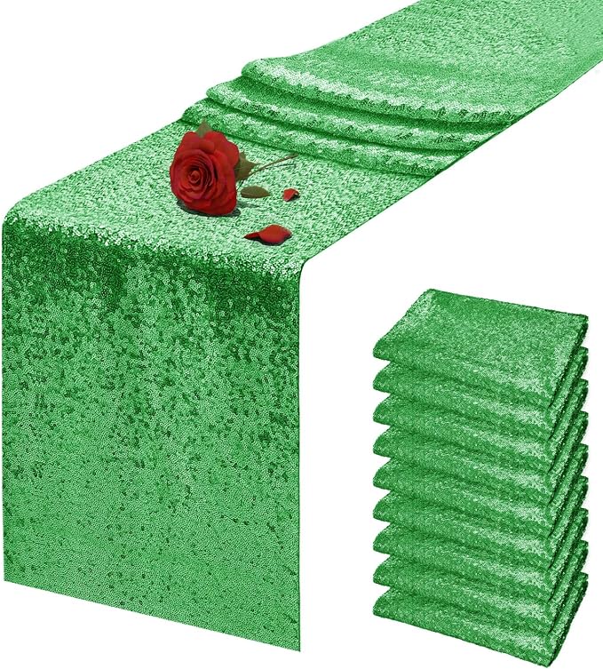 10 Packs 12 x 72 inches Grass Green Sequin Table Runner, Glitter Runner for Birthday Party Supplies Wedding Holiday Celebration Baby Shower Engagement Anniversary Decor