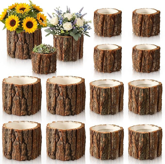 12 Pcs Wooden Vase for Centerpieces Wedding Flower Table Centerpieces Woodland Party Decor Rustic Farmhouse Bark Stump Buckets Vintage Planter Pots for Garden Baby Shower Window Home (L+m+s)