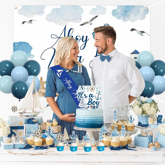Ahoy It's a Boy Baby Shower Decorations Blue Nautical Backdrop Banner Navy Blue Cake Cupcake Topper Sash Latex Balloons Ocean Ship Anchor Lighthouse Decor for Sailor Theme Baby Shower Ocean Party