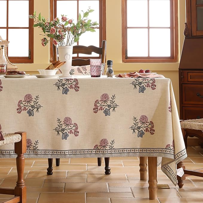 ISAENNE Designer French Linen Rectangular Tablecloth,118"x67"-Helena E | Vintage Elegant Beautiful Extra Long Table Cloth for Rectangle Table,Floral Pattern,Dining Room,Kitchen,Thanksgiving