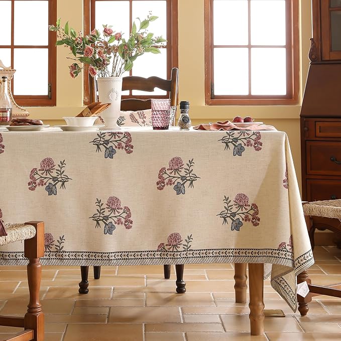 ISAENNE Designer French Linen Rectangular Tablecloth,79"x55"-Helena E | Vintage Elegant Beautiful Table Cloth for Rectangle Table,Floral Pattern,Heavyweight,Dining Room,Kitchen,Thanksgiving