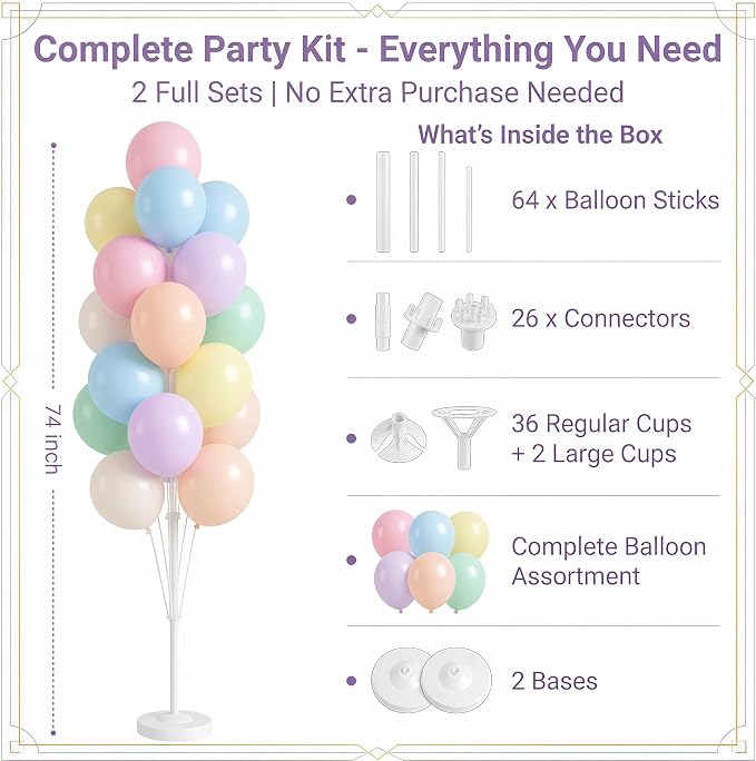 Pastel Balloon Column Kit Set of 2 With Macaron Latex Balloons Stand Included - Base,Pole,Balloon Tower Backdrop Decoration for Wedding,Baby Shower,Bridal,Graduation,Birthday,Easter Party,Bachelorette