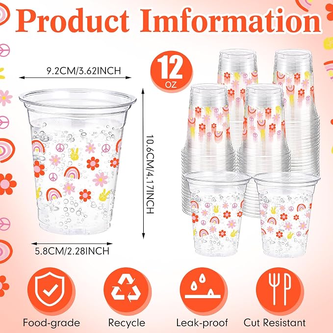 Funnymoom 60 Pack Groovy Cup 12 oz Daisy Flower Disposable Clear Plastic Boho Retro Hippie Drinking Cups for 60s 70s Groovy Themed Birthday Baby Shower Party Decorations Supplies