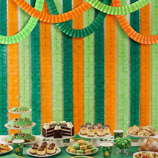 Epakh 12 Pcs Green and Orange Streamers Garland 9.84 ft Four Leaf Clover Paper Chain Garland Banner for Photo Booth Props Backdrop Baby Shower Jungle Irish Party Decorations
