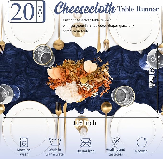 20 Pack Navy Blue Table Runner 10FT Long Cheesecloth Table Runner Cheese Cloth Gauze for Wedding Party Birthday Decoration-Navy Blue