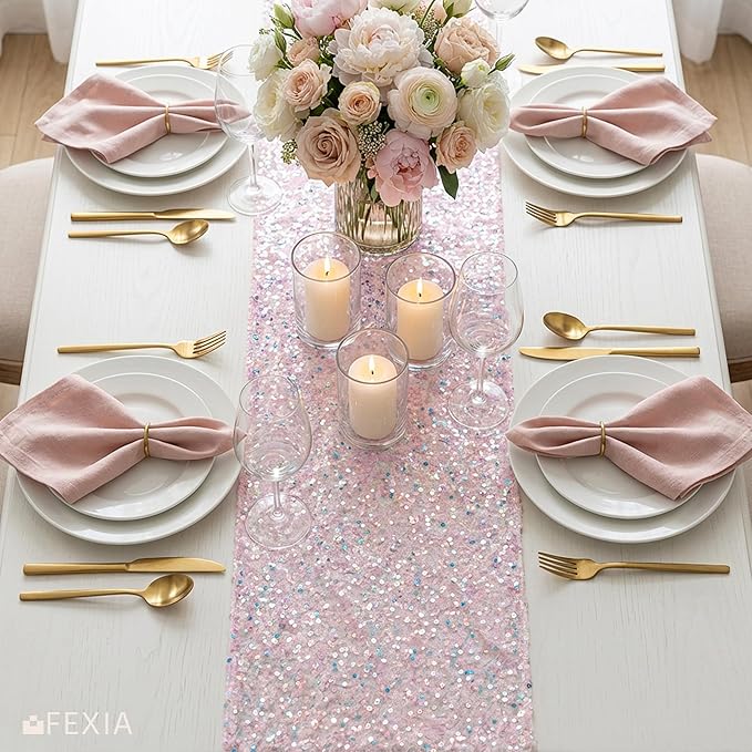 FEXIA Pink Sequin Table Runner 12x72 Inches, Sparkly Blush Table Runner for Wedding Party Shimmer Fabric Table Decoration for Bridal Shower Birthday Baby Shower Ocean Themed Party for Dining Room