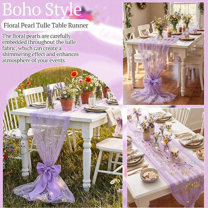 Lounsweer Purple Wildflower Table Runner 10ft Embroidery Tulle Spring Floral Table Runner Seasonal Summer Butterfly Kitchen Dining Gauze Decoration for Wedding Baby Shower Birthday Party