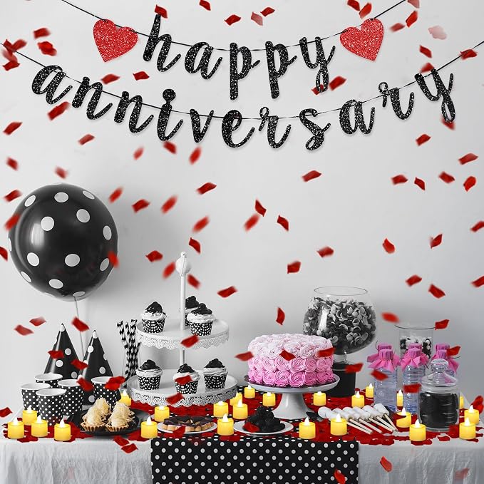 Retisee Red Anniversary Decorations Happy Anniversary Banner Sign Romantic Feliz Aniversario Party Decoration Glitter Banner with 24pcs LED Candles 2000pcs Rose Petals for Home Party Night Wedding