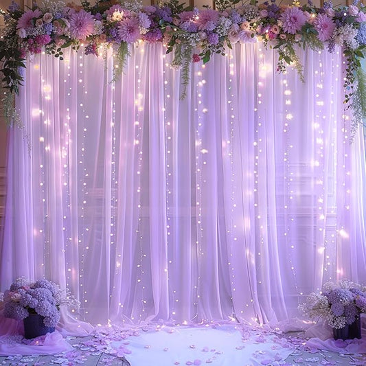 10x10ft Lavender Chiffon Backdrop Curtain with Lights String for Wedding Sheer Tulle Curtain Photo Backdrops Drapes for Baby Shower Birthday Party Home Ceremony Decorations