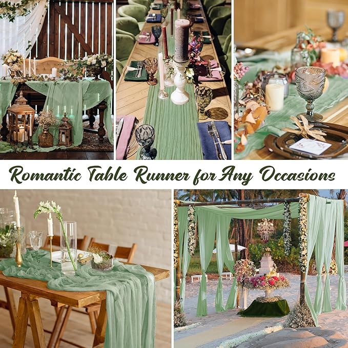 Foaincore 12 Pack Green Table Runner 10Ft Boho Gauze Cheesecloth Table Runner 120" Long Cheese Cloth Romantic for Wedding Bridal Baby Shower Arbor Decor