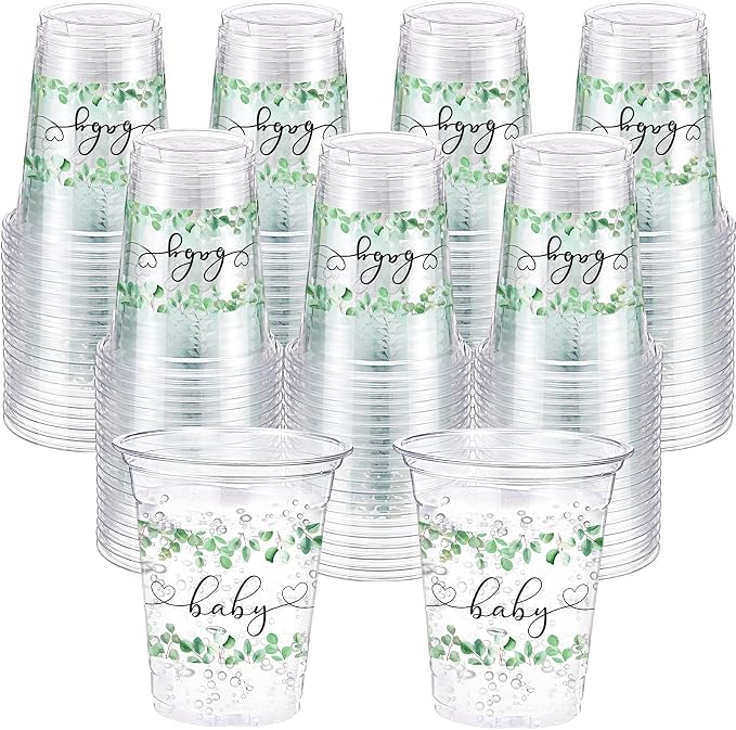 Jingmore 100 Pcs Sage Eucalyptus Baby Shower Plastic Cups 12oz Sage Greenery Disposable Clear Plastic Drinking Cups Bulk for Wedding Bridal Baby Shower Birthday Party Decorations Supplies