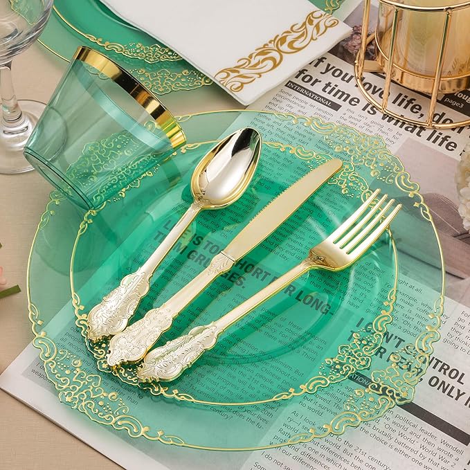 Bestluck 350PCS Clear Green Plastic Plates for 50 Guests, Disposable Plates with Gold Trim include 100 Dinner Plates, 150 Gold Silverware, 50 Cups, 50 Napkins for Party, Wedding and Graduation