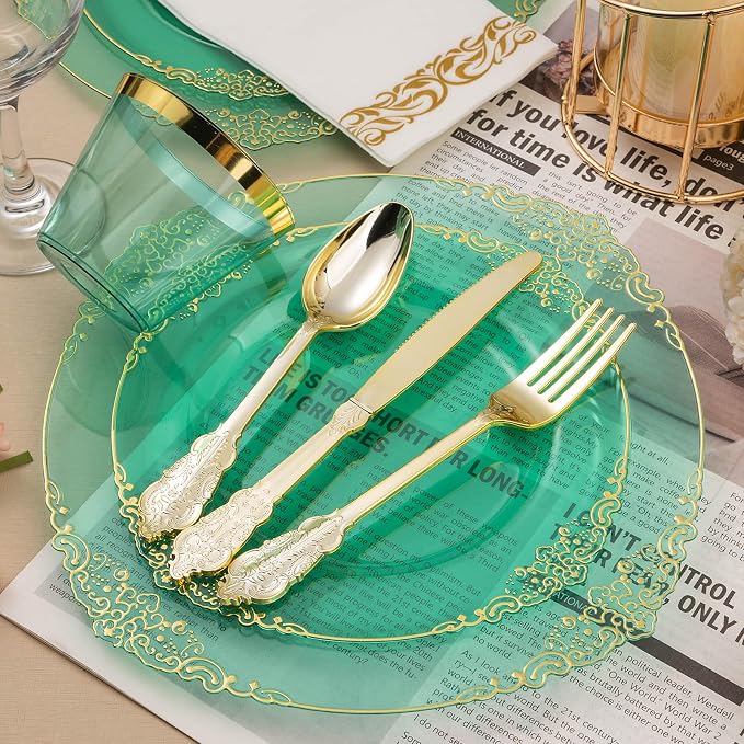 Bestluck 175PCS Clear Green Plastic Plates for 25 Guests, Disposable Plates with Gold Trim include 50 Dinner Plates, 75 Gold Silverware, 25 Cups, 25 Napkins for Party, Wedding and Graduation