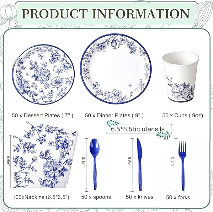 400 Pcs Disposable Blue and White Floral Tableware Set for 50 Guests | Heavy-Duty 7" & 9" Paper Plates, Cups, 13" Napkins & Plastic Cutlery for Bridal Baby Shower and Tea Party Supplies